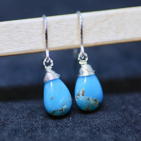 Natural Turquoise Earrings Sterling Silver Hooks , December Birthstone - Picture 2 of 6